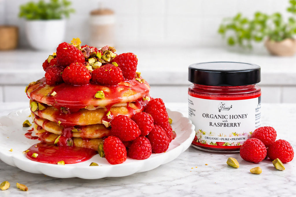 Fluffy Pancakes with Honey Heaven Organic Raspberry Honey, Fresh Raspberries & Pistachios