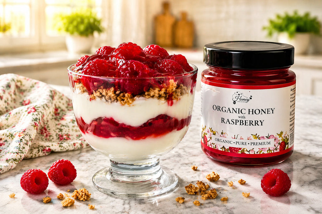 Greek Yoghurt Parfait with Granola, Fresh Raspberries & Honey Heaven Organic Raspberry Honey
