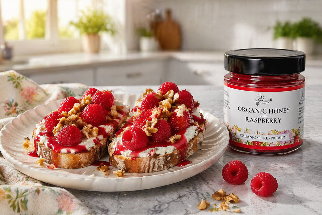 Sourdough Toast with Cream Cheese, Fresh Raspberries, Honey Heaven Organic Raspberry Honey & Walnuts