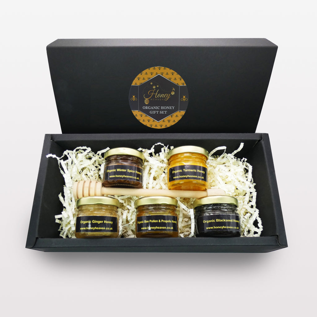 Organic Honey Gift Set Of 5 40g Mini Jars With Wooden Drizzler